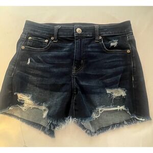 American Eagle Womens Distressed Denim Shorts Dk Wash Raw Hem MIDI Sz 8 stretch